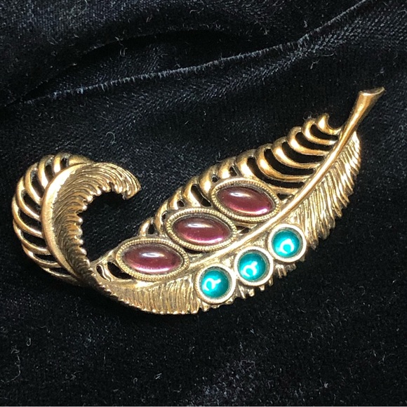 Vintage Feather Cabachon Brooch Pin 6.2cm - Picture 3 of 4